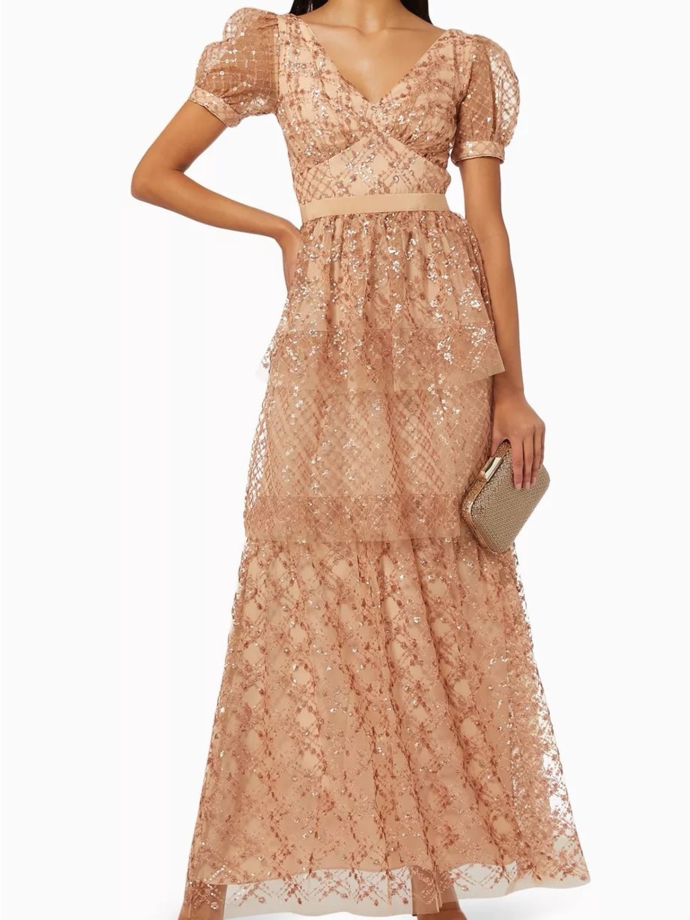 Self-Portrait Taupe Grid Sequin Tiered Dress